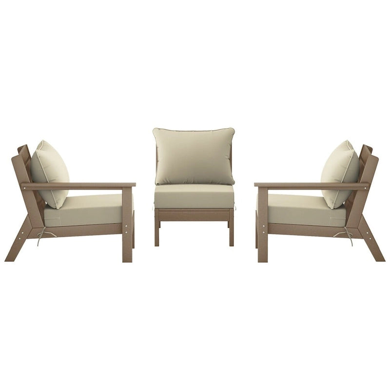 Polytrends Birchwood Canapé d'extérieur 3 places en PEHD aspect bois vieilli résistant aux intempéries, avec coussins (3 pièces)