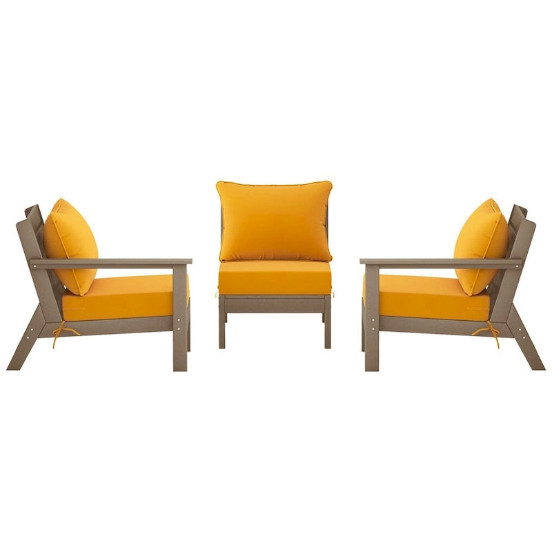 Polytrends Birchwood Canapé d'extérieur 3 places en PEHD aspect bois vieilli résistant aux intempéries, avec coussins (3 pièces)