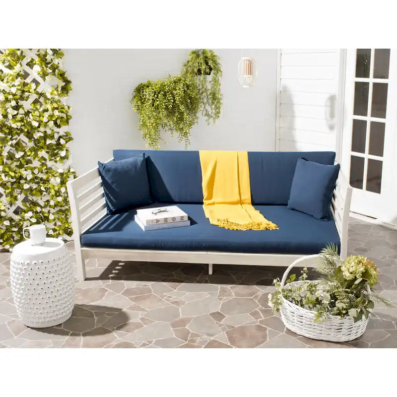 SAFAVIEH Outdoor Living Malibu Antiqued White/Navy Acacia Wood Cushioned Daybed - 39W x 72D x 27H