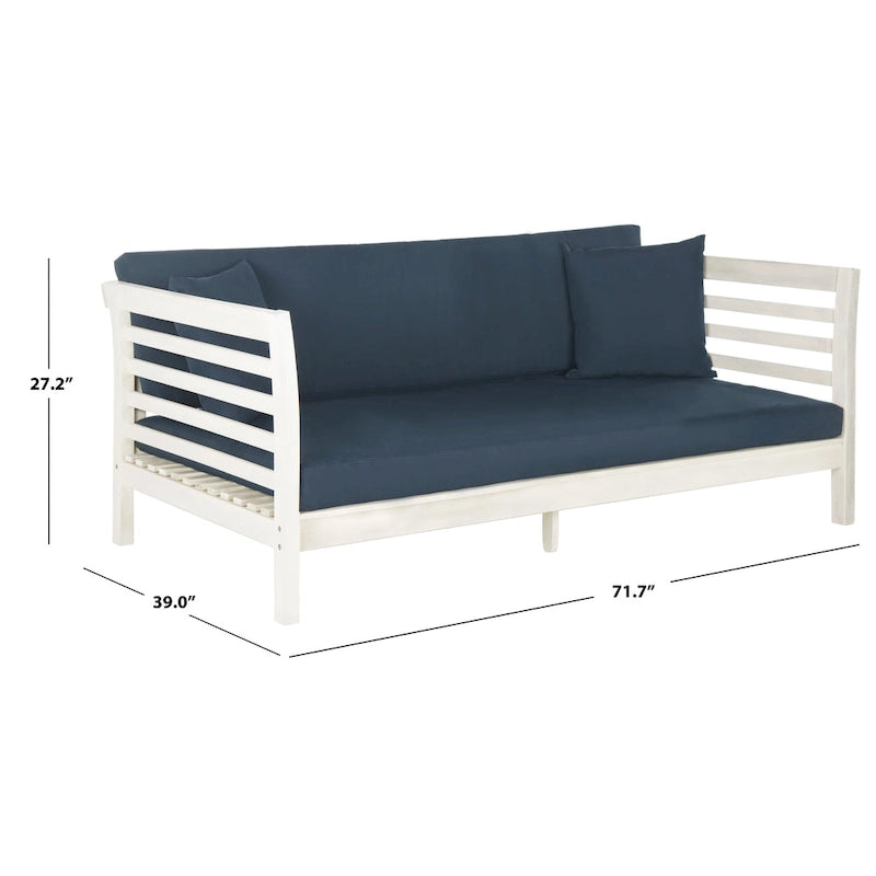 Bain de soleil SAFAVIEH Outdoor Living Malibu en bois d'acacia blanc antique/bleu marine avec coussins – 99 cm L x 183 cm P x 69 cm H