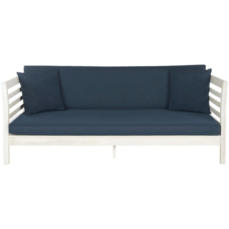 Bain de soleil SAFAVIEH Outdoor Living Malibu en bois d'acacia blanc antique/bleu marine avec coussins – 99 cm L x 183 cm P x 69 cm H