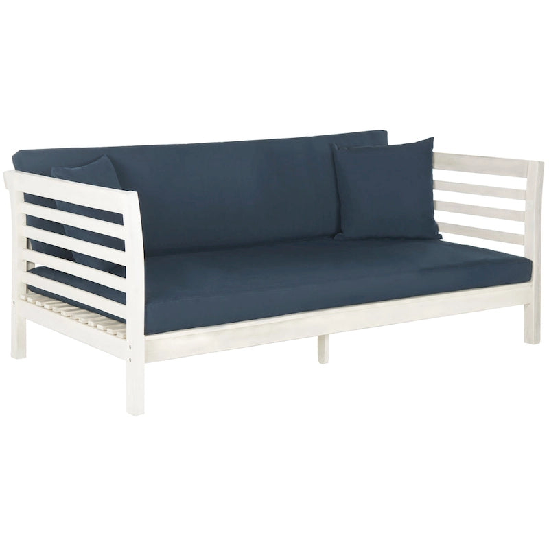 Bain de soleil SAFAVIEH Outdoor Living Malibu en bois d'acacia blanc antique/bleu marine avec coussins – 99 cm L x 183 cm P x 69 cm H