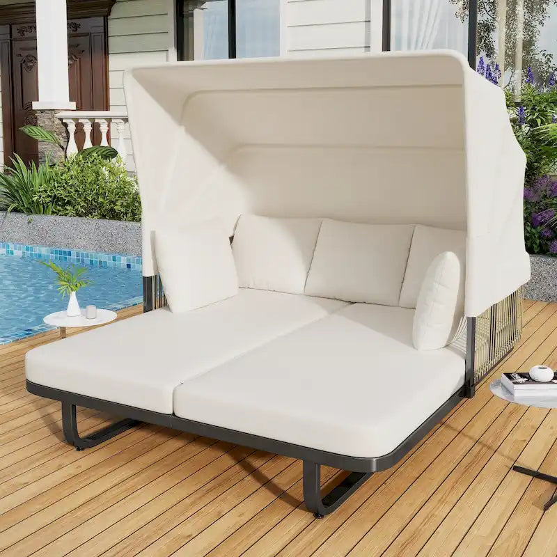 57 lit de repos extérieur en rotin, lit de repos extérieur avec oreillers amovibles pour patio, jardin et piscine
