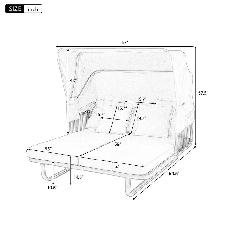 57 lit de repos extérieur en rotin, lit de repos extérieur avec oreillers amovibles pour patio, jardin et piscine