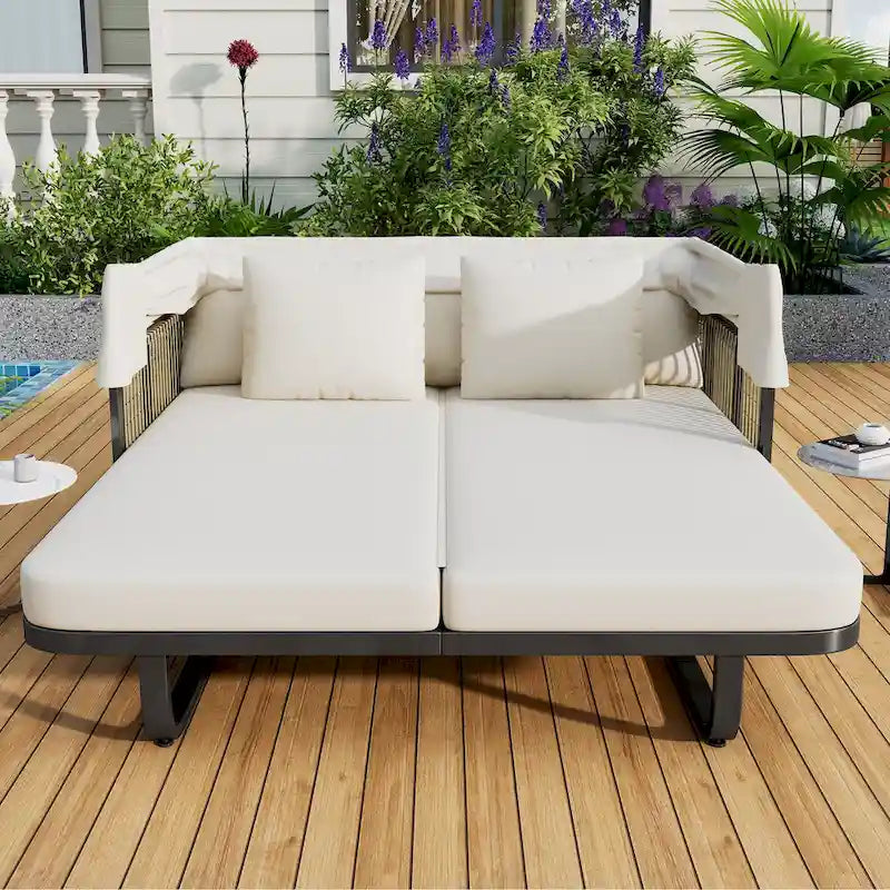 57 lit de repos extérieur en rotin, lit de repos extérieur avec oreillers amovibles pour patio, jardin et piscine