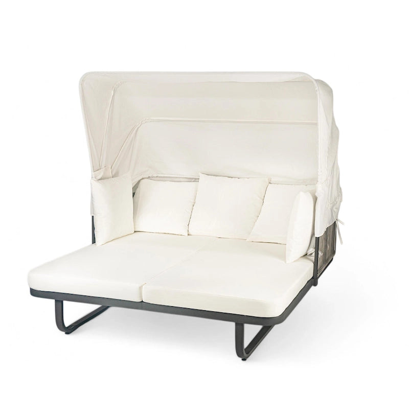 57 lit de repos extérieur en rotin, lit de repos extérieur avec oreillers amovibles pour patio, jardin et piscine