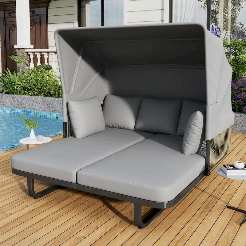 57 lit de repos extérieur en rotin, lit de repos extérieur avec oreillers amovibles pour patio, jardin et piscine