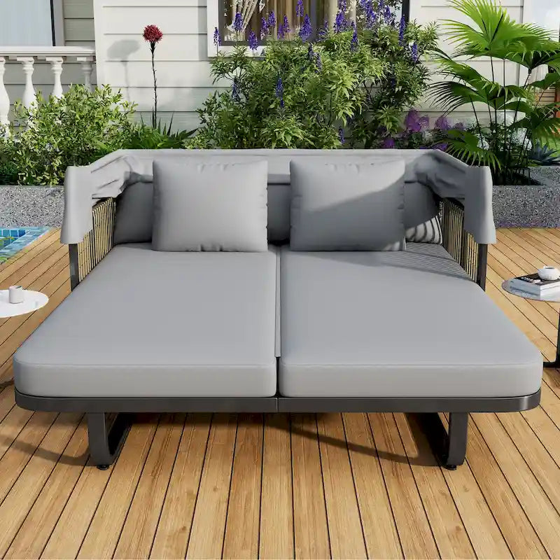57 lit de repos extérieur en rotin, lit de repos extérieur avec oreillers amovibles pour patio, jardin et piscine