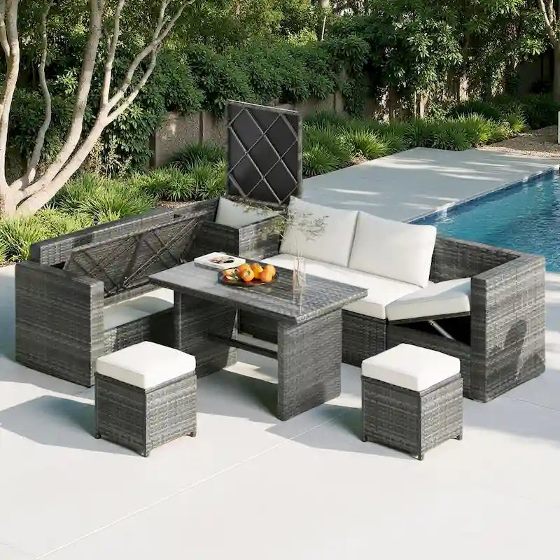 Ensemble de canapé d'angle modulaire extérieur 6 pièces en rotin avec siège réglable, coffre de rangement et table à manger