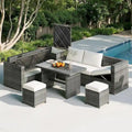 Ensemble de canapé d'angle modulaire extérieur 6 pièces en rotin avec siège réglable, coffre de rangement et table à manger
