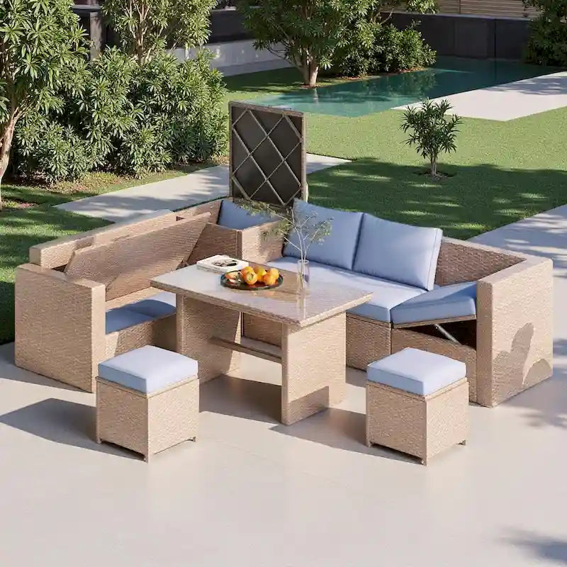 Ensemble de canapé d'angle modulaire extérieur 6 pièces en rotin avec siège réglable, coffre de rangement et table à manger