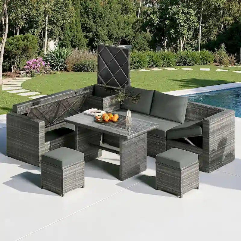 Ensemble de canapé d'angle modulaire extérieur 6 pièces en rotin avec siège réglable, coffre de rangement et table à manger