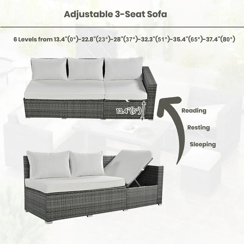 Ensemble de canapé d'angle modulaire extérieur 6 pièces en rotin avec siège réglable, coffre de rangement et table à manger