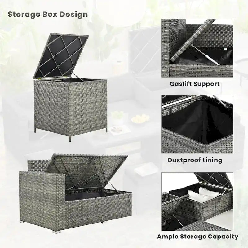 Ensemble de canapé d'angle modulaire extérieur 6 pièces en rotin avec siège réglable, coffre de rangement et table à manger