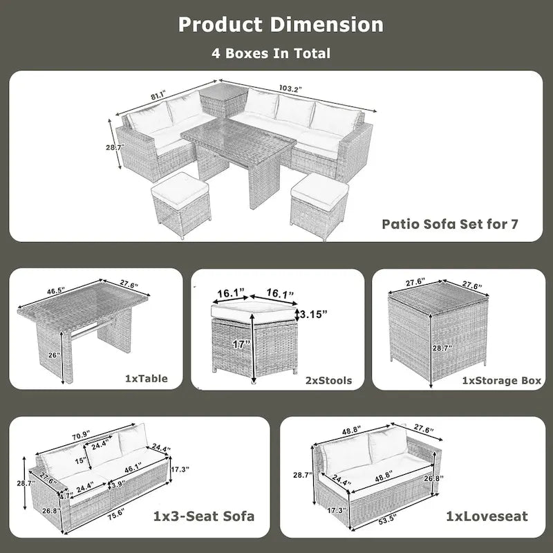 Ensemble de canapé d'angle modulaire extérieur 6 pièces en rotin avec siège réglable, coffre de rangement et table à manger