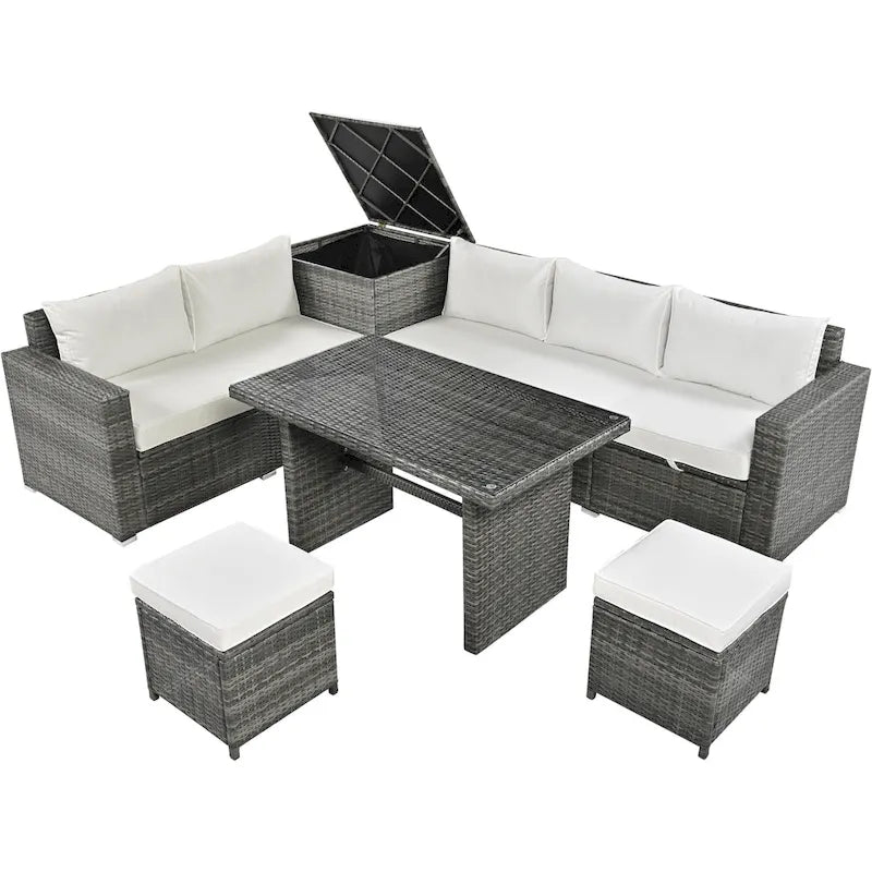 Ensemble de canapé d'angle modulaire extérieur 6 pièces en rotin avec siège réglable, coffre de rangement et table à manger