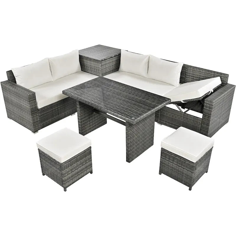 Ensemble de canapé d'angle modulaire extérieur 6 pièces en rotin avec siège réglable, coffre de rangement et table à manger