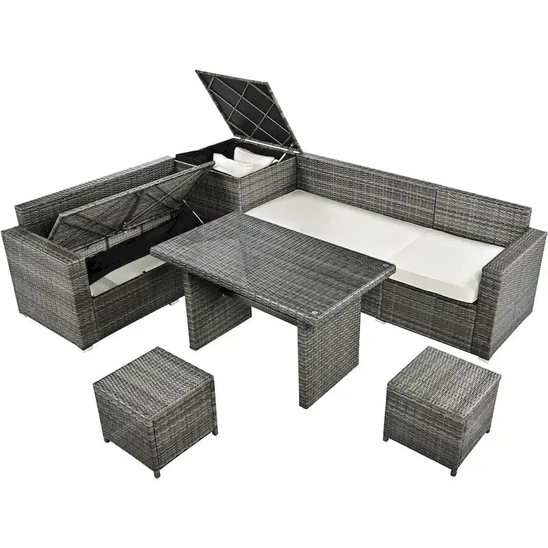 Ensemble de canapé d'angle modulaire extérieur 6 pièces en rotin avec siège réglable, coffre de rangement et table à manger