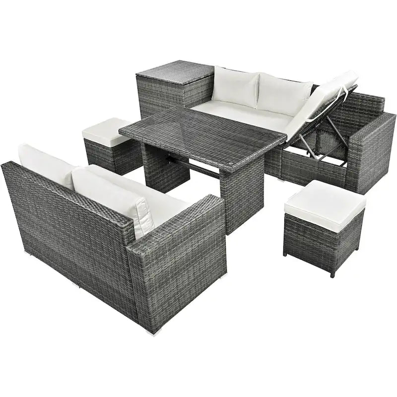 Ensemble de canapé d'angle modulaire extérieur 6 pièces en rotin avec siège réglable, coffre de rangement et table à manger