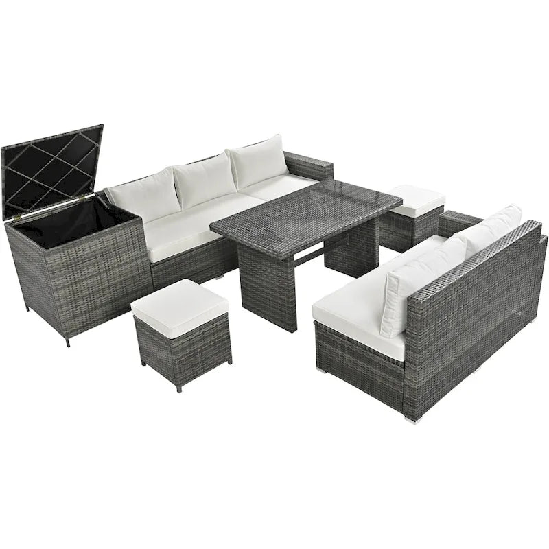 Ensemble de canapé d'angle modulaire extérieur 6 pièces en rotin avec siège réglable, coffre de rangement et table à manger