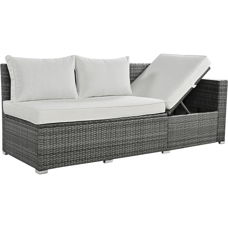 Ensemble de canapé d'angle modulaire extérieur 6 pièces en rotin avec siège réglable, coffre de rangement et table à manger