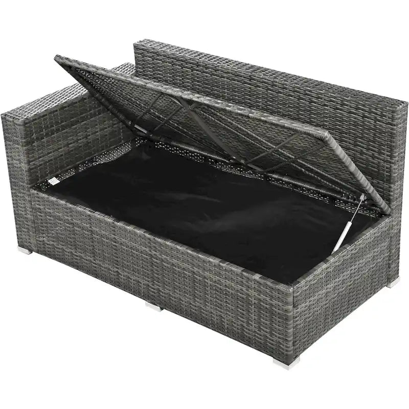 Ensemble de canapé d'angle modulaire extérieur 6 pièces en rotin avec siège réglable, coffre de rangement et table à manger