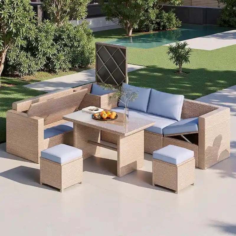 Ensemble de canapé d'angle modulaire extérieur 6 pièces en rotin avec siège réglable, coffre de rangement et table à manger