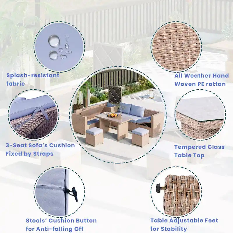 Ensemble de canapé d'angle modulaire extérieur 6 pièces en rotin avec siège réglable, coffre de rangement et table à manger