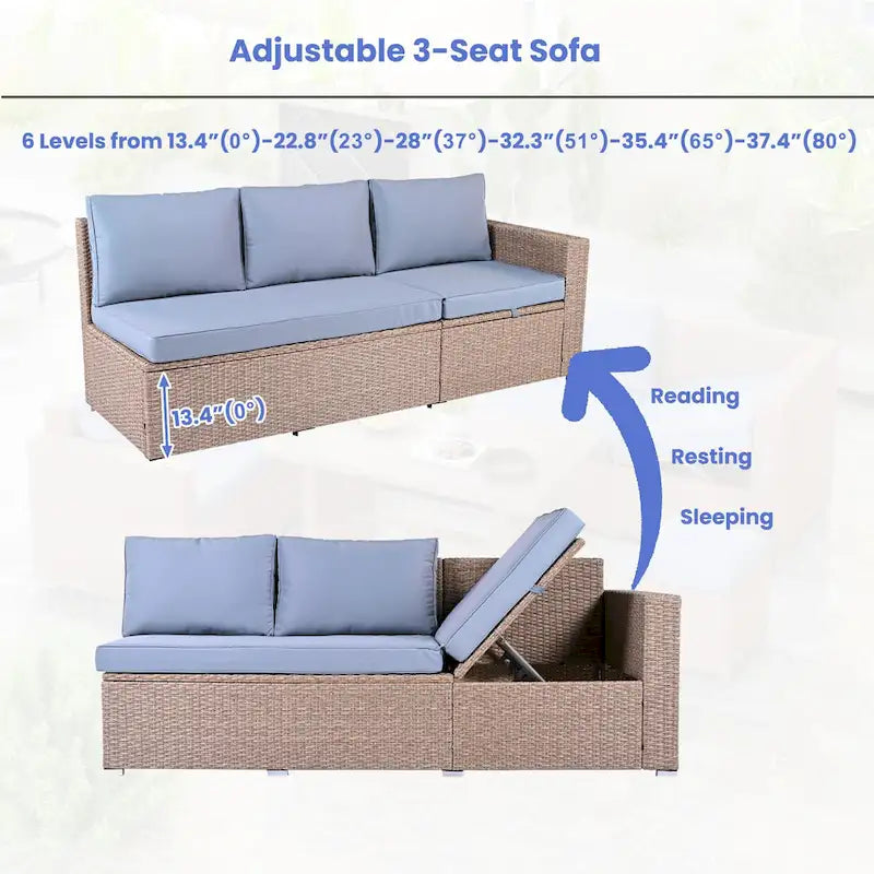 Ensemble de canapé d'angle modulaire extérieur 6 pièces en rotin avec siège réglable, coffre de rangement et table à manger