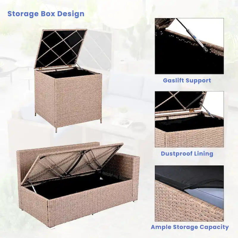 Ensemble de canapé d'angle modulaire extérieur 6 pièces en rotin avec siège réglable, coffre de rangement et table à manger