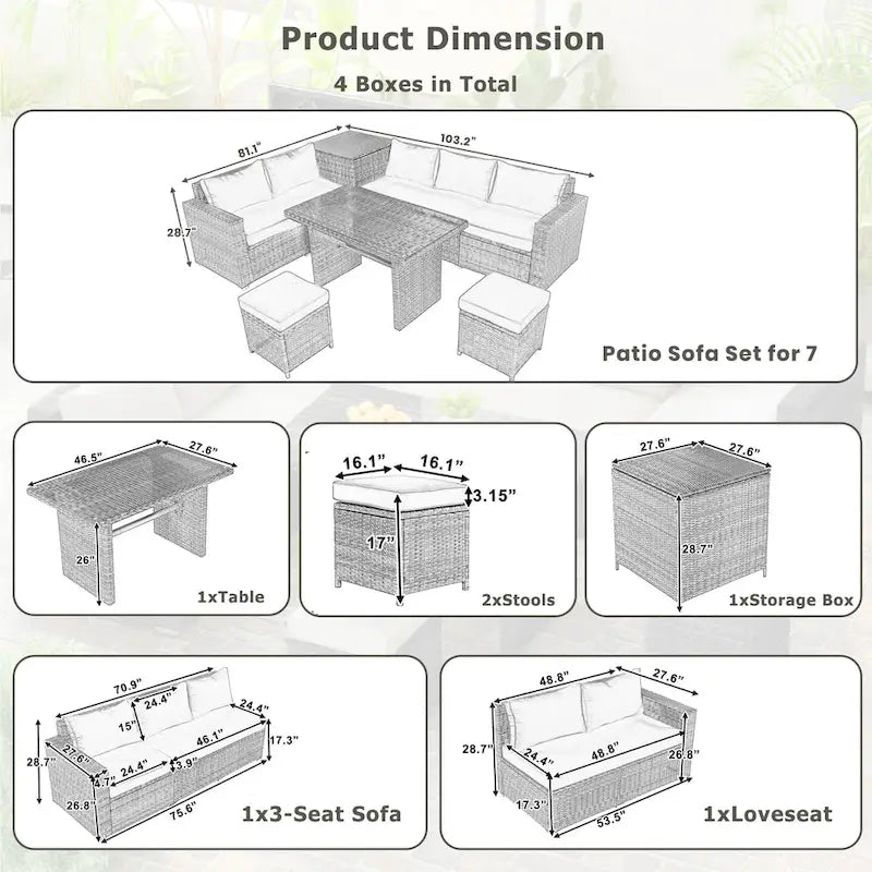 Ensemble de canapé d'angle modulaire extérieur 6 pièces en rotin avec siège réglable, coffre de rangement et table à manger