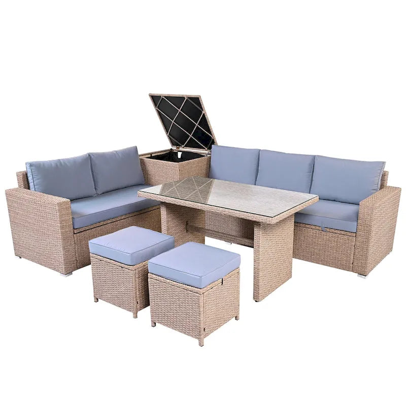 Ensemble de canapé d'angle modulaire extérieur 6 pièces en rotin avec siège réglable, coffre de rangement et table à manger