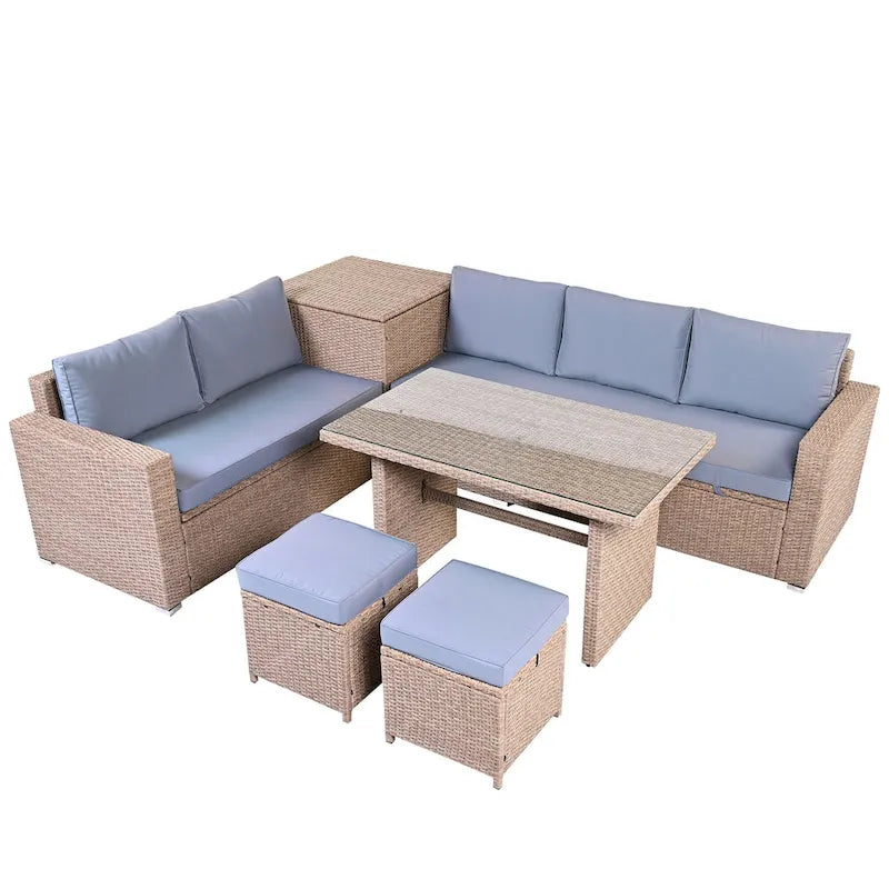 Ensemble de canapé d'angle modulaire extérieur 6 pièces en rotin avec siège réglable, coffre de rangement et table à manger
