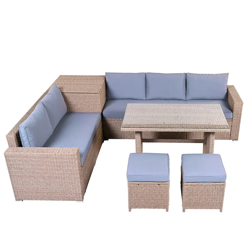 Ensemble de canapé d'angle modulaire extérieur 6 pièces en rotin avec siège réglable, coffre de rangement et table à manger