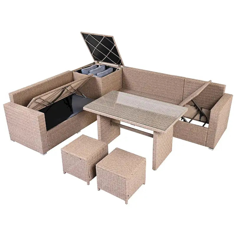 Ensemble de canapé d'angle modulaire extérieur 6 pièces en rotin avec siège réglable, coffre de rangement et table à manger