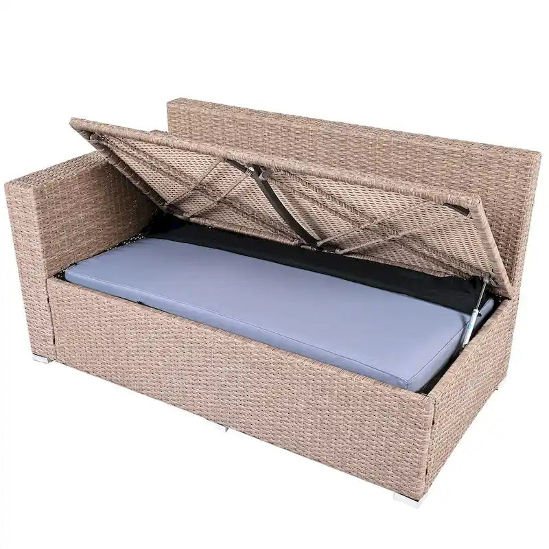 Ensemble de canapé d'angle modulaire extérieur 6 pièces en rotin avec siège réglable, coffre de rangement et table à manger