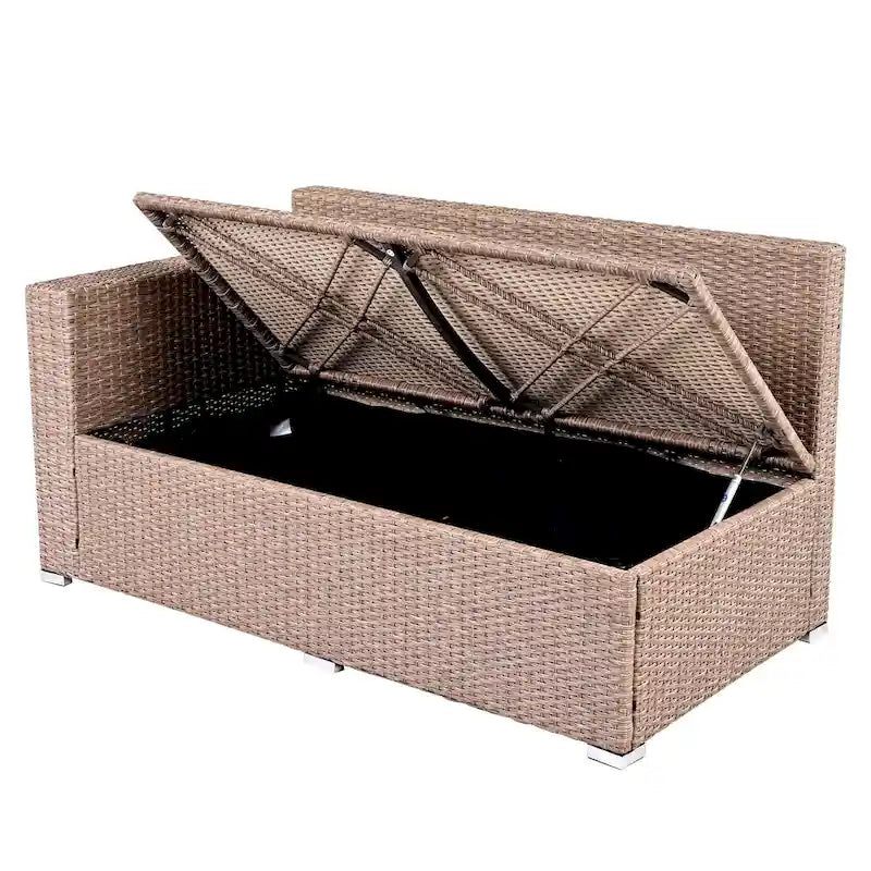 Ensemble de canapé d'angle modulaire extérieur 6 pièces en rotin avec siège réglable, coffre de rangement et table à manger