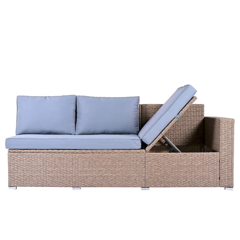 Ensemble de canapé d'angle modulaire extérieur 6 pièces en rotin avec siège réglable, coffre de rangement et table à manger