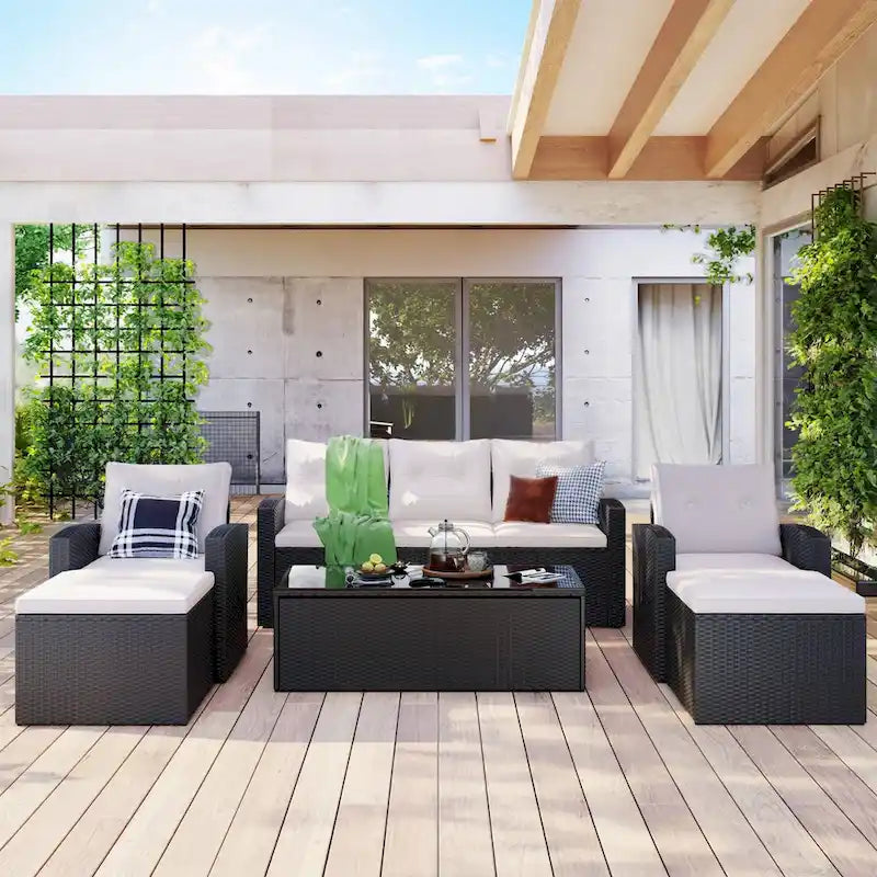 6-Piece Outdoor Wicker Sofa Set for 7 with Beige Cushions