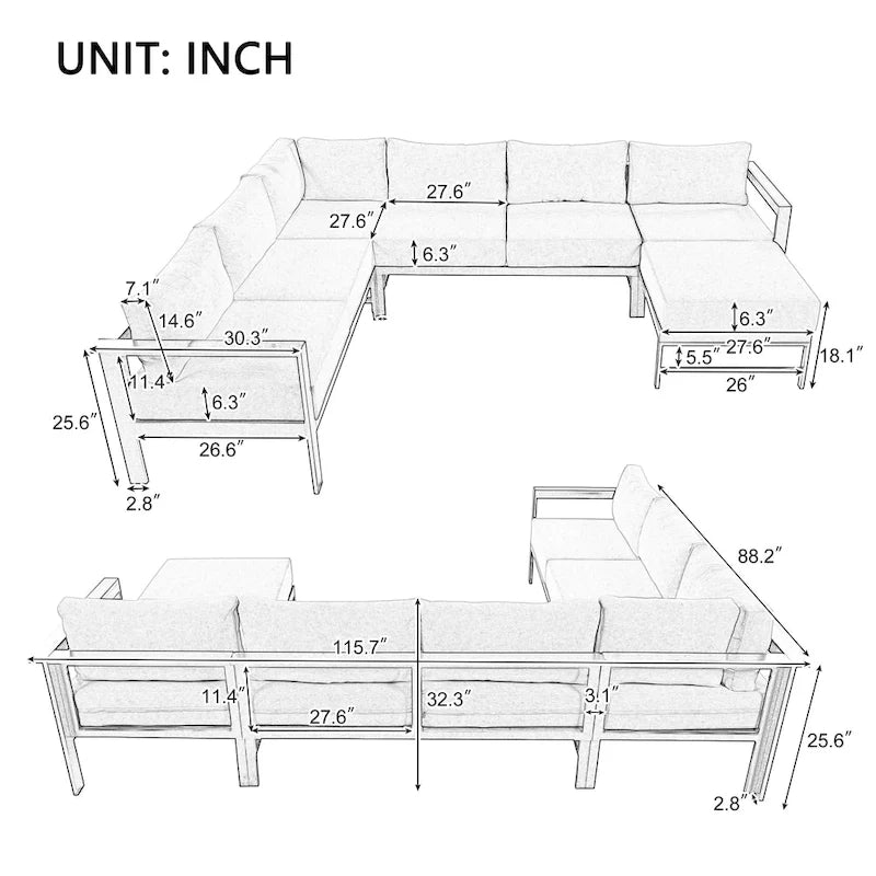 Ensemble de canapé sectionnel d'extérieur 4 pièces en aluminium en forme de U avec coussins épais