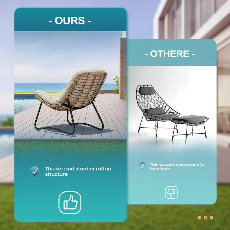 Fauteuils Papasan d'extérieur 2 pièces avec coussin épais, chaises de terrasse confortables en rotin PE