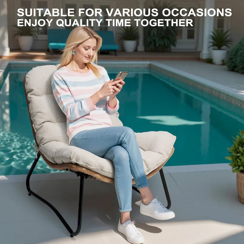 Fauteuils Papasan d'extérieur 2 pièces avec coussin épais, chaises de terrasse confortables en rotin PE