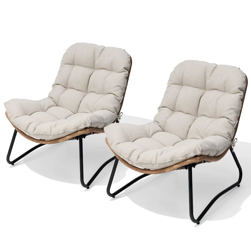 Fauteuils Papasan d'extérieur 2 pièces avec coussin épais, chaises de terrasse confortables en rotin PE