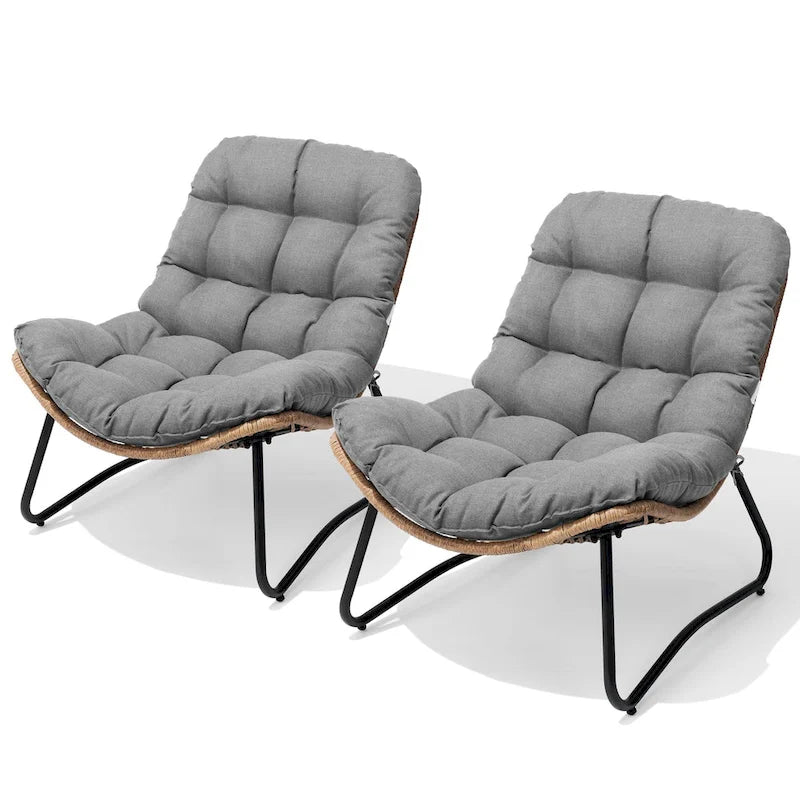 Fauteuils Papasan d'extérieur 2 pièces avec coussin épais, chaises de terrasse confortables en rotin PE