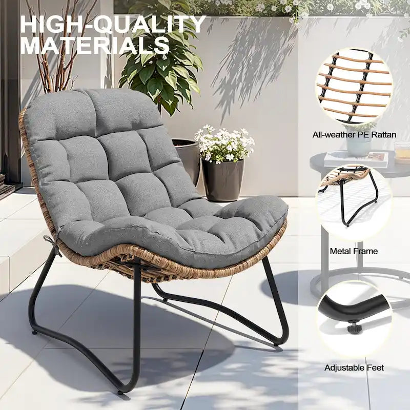 Fauteuils Papasan d'extérieur 2 pièces avec coussin épais, chaises de terrasse confortables en rotin PE