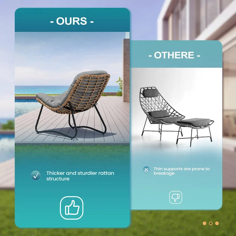 Fauteuils Papasan d'extérieur 2 pièces avec coussin épais, chaises de terrasse confortables en rotin PE