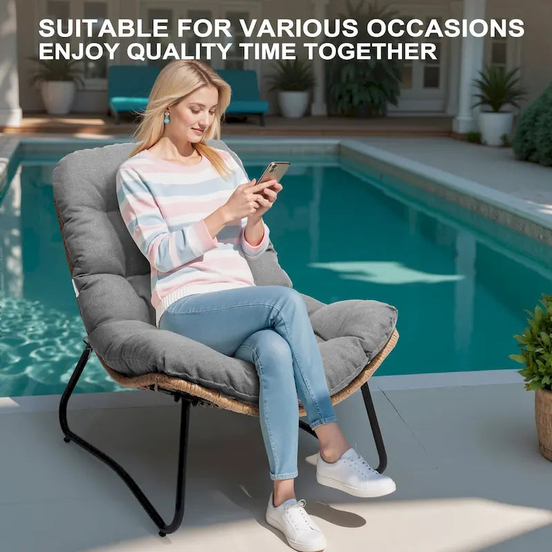 Fauteuils Papasan d'extérieur 2 pièces avec coussin épais, chaises de terrasse confortables en rotin PE