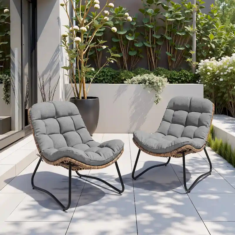 Fauteuils Papasan d'extérieur 2 pièces avec coussin épais, chaises de terrasse confortables en rotin PE