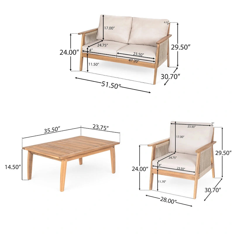 Ensemble de sofa d'extérieur sectionnel 4 pièces en bois d'acacia et corde
