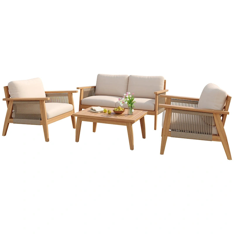 Ensemble de sofa d'extérieur sectionnel 4 pièces en bois d'acacia et corde